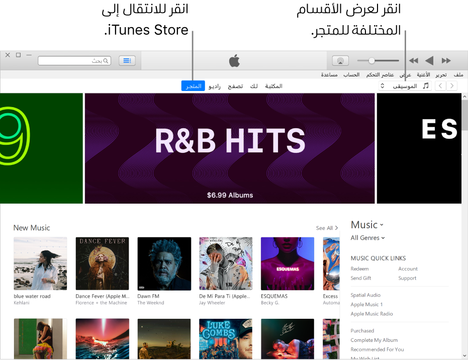 نافذة iTunes Store الرئيسية: في شريط التنقل، يتم تمييز المتجر. في الزاوية العلوية اليمنى، اختر لعرض محتوى مختلف في المتجر (مثل الموسيقى أو التلفاز).