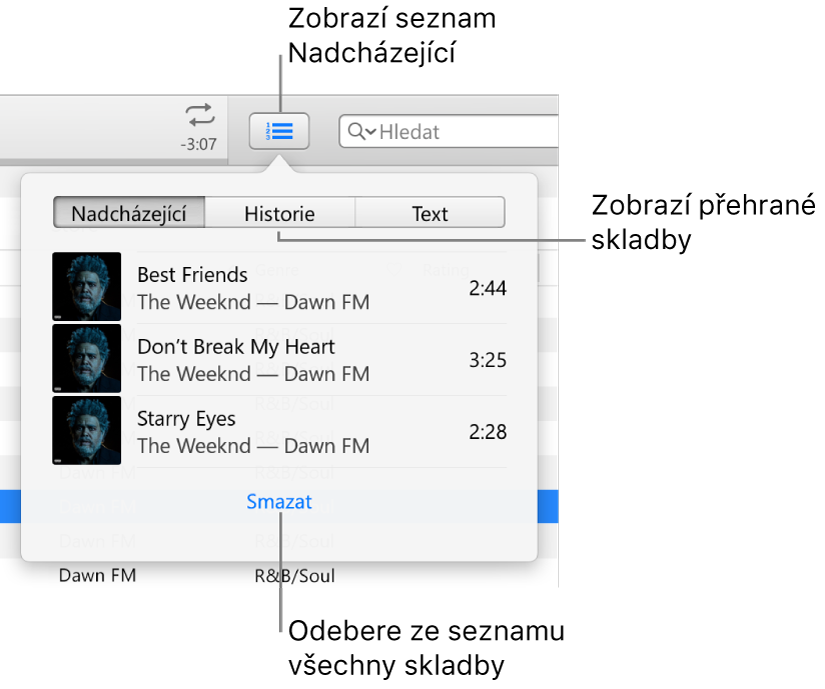Tlačítko Nadcházející na banneru ukazuje seznam nadcházejících položek Když zobrazíte tlačítko Historie, uvidíte seznam Předchozí přehrané Odkaz Smazat na konci seznamu Nadcházející můžete použít k odstranění všech skladeb