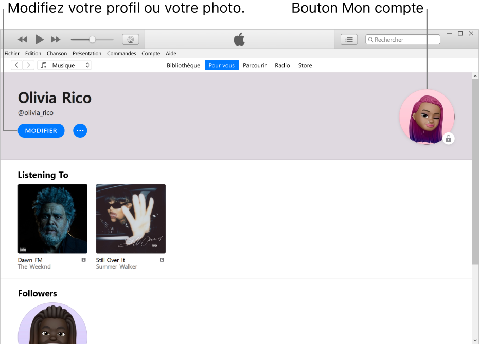 La page de profil dans Apple Music : Dans le coin supérieur gauche, sous votre nom, cliquez sur Modifier afin de modifier votre profil ou votre photo. Dans le coin supérieur droit se trouve le bouton Mon compte.