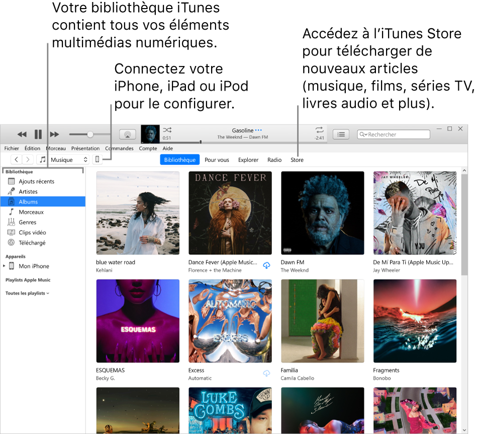 Présentation de la fenêtre iTunes : La fenêtre iTunes se compose de deux sous-fenêtres. La barre latérale Bibliothèque, qui contient tous vos contenus multimédias numériques, se trouve sur la gauche. Sur la droite, dans la plus vaste zone de contenus, vous pouvez voir une sélection correspondant à vos intérêts, par exemple : visiter votre bibliothèque ou votre page Pour vous, explorer les nouvelles musiques et vidéos iTunes, ou visiter l’iTunes Store pour télécharger de nouveaux morceaux, films, séries TV, livres audio, etc. En haut à droite de la barre latérale Bibliothèque se trouve le bouton Appareil, qui s’affiche lorsque votre iPhone, iPad ou iPod est connecté à votre PC.