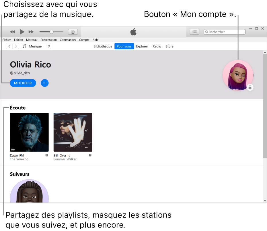 La page de profil dans Apple Music : Dans le coin supérieur gauche, en dessous de votre nom, cliquez sur Modifier pour choisir avec qui vous partagez de la musique. Dans le coin supérieur droit se trouve le bouton « Mon compte ». Sous l’en-tête Écoute se trouvent tous les albums que vous écoutez. Vous pouvez cliquer sur le bouton Plus pour masquer les stations que vous écoutez, partager des playlists, etc.