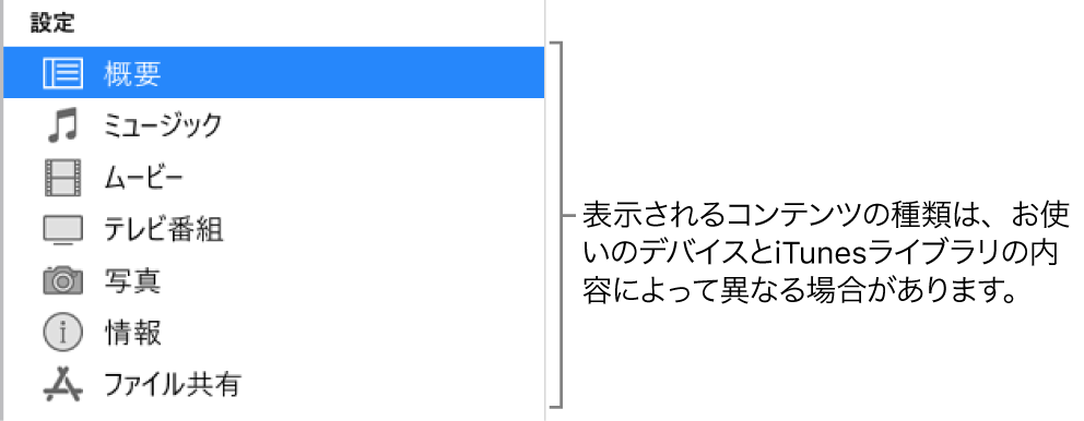左側のサイドバーで「概要」が選択されています。表示されるコンテンツの種類は、デバイスおよびiTunesライブラリのコンテンツによって異なる場合があります。