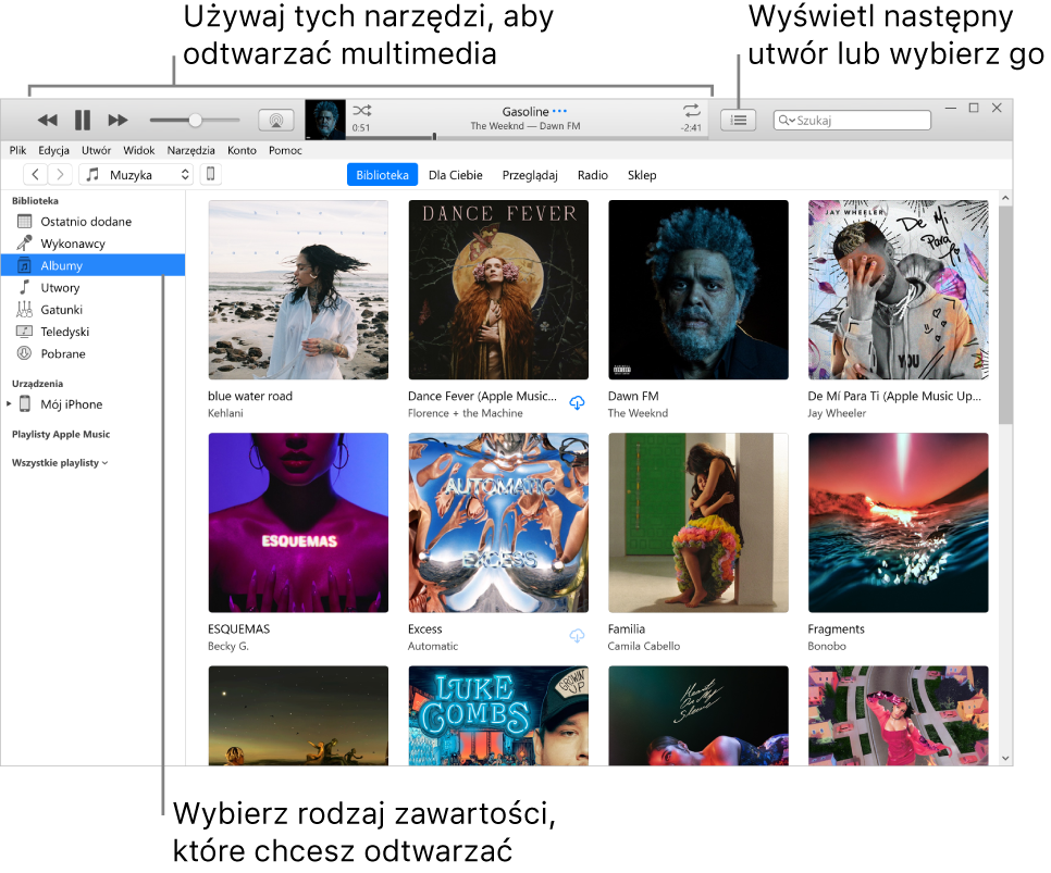 Okno główne biblioteki iTunes: W nawigatorze wybierz typ multimediów, które chcesz odtwarzać (na przykład Muzyka). Używaj tych narzędzi na górnym banerze do odtwarzania swoich multimediów i używaj menu Następny po prawej stronie do wyświetlania biblioteki na różne sposoby.