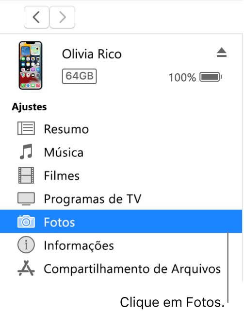 Janela Dispositivo, com Fotos selecionado na barra lateral à esquerda.