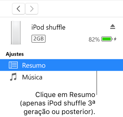 Janela Dispositivo, com Resumo selecionado na barra lateral à esquerda.