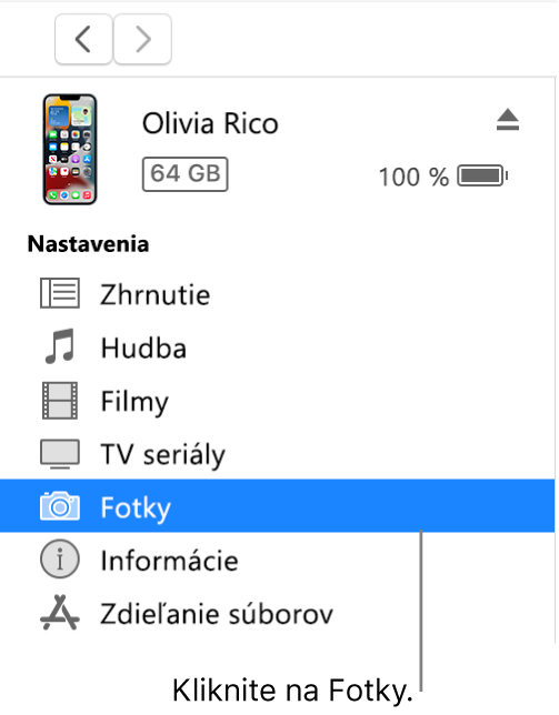 Okno Zariadenie s položkou Fotky vybranou v bočnom paneli vľavo.