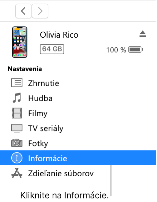 Okno Zariadenie s položkou Informácie vybranou v bočnom paneli vľavo.