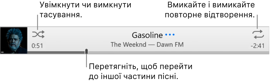 Спливне вікно з піснею, яка відтворюється. Кнопка «Тасувати» в лівому верхньому куті та кнопка «Повторювати» в правому верхньому куті. Перетягніть повзунок, щоб перейти до іншої частини пісні.