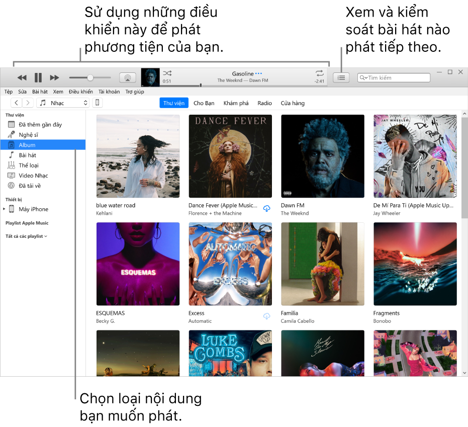 Cửa sổ chính của Thư viện iTunes: Trong trình điều khiển, chọn loại phương tiện sẽ phát (chẳng hạn như Nhạc). Sử dụng các điều khiển trong biểu ngữ ở trên cùng để phát phương tiện của bạn và sử dụng menu bật lên Tiếp theo ở bên phải để xem thư viện theo những cách khác nhau.