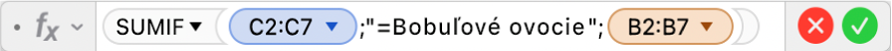Editor vzorcov zobrazujúci vzorec =SUMIF(C2:C7,"=Bobuľové ovocie",B2:B7).