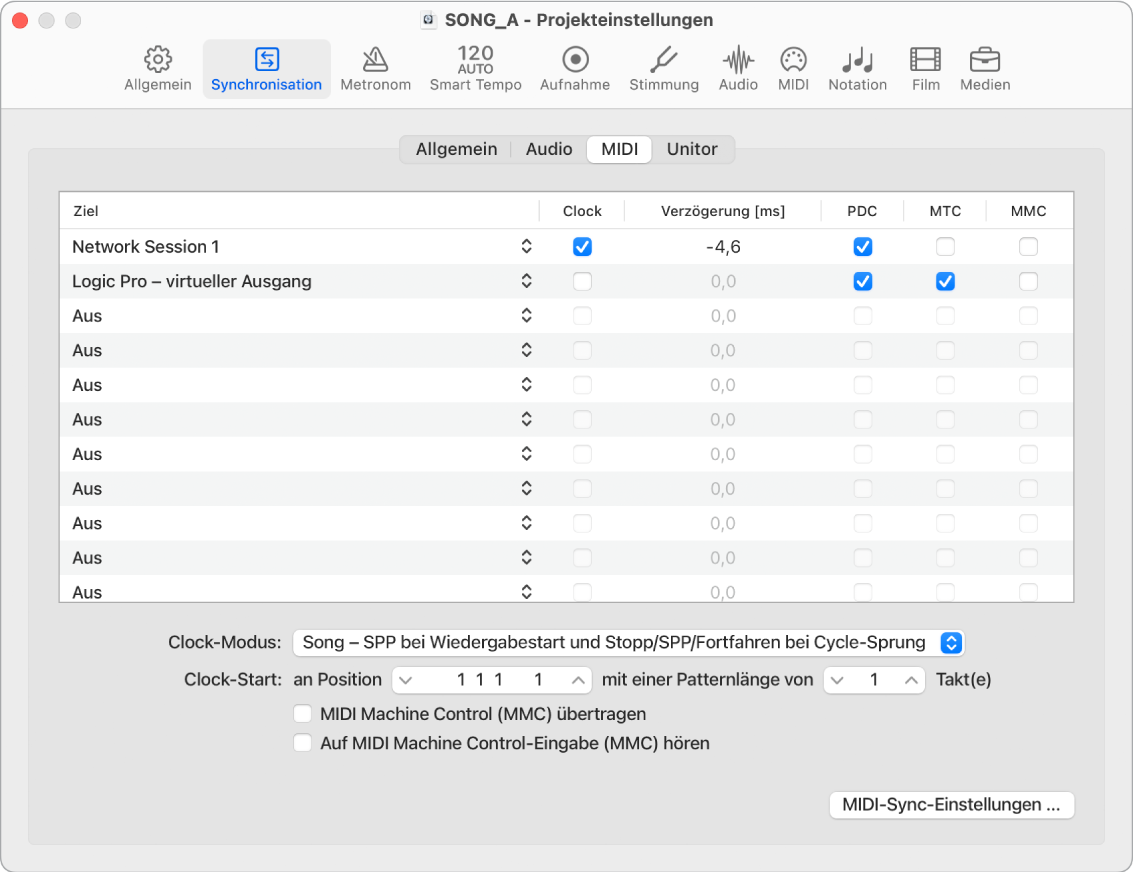 Abbildung. Projekteinstellungsbereich „MIDI-Synchronisation“