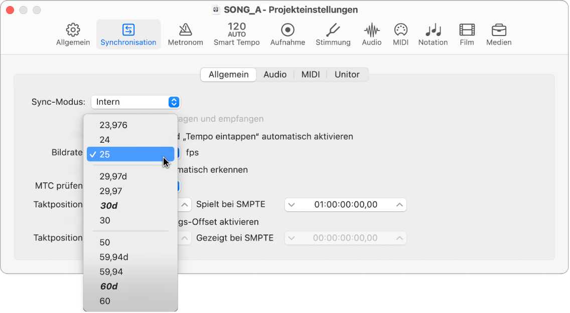 Abbildung. Projekteinstellungen zur Synchronisation mit Einblendmenü „Frame-Rate“
