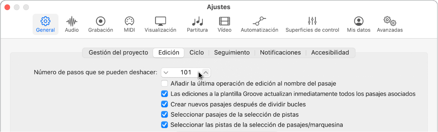 Ilustración. Campo “Número de pasos que se pueden deshacer” del panel Edición de los ajustes generales.