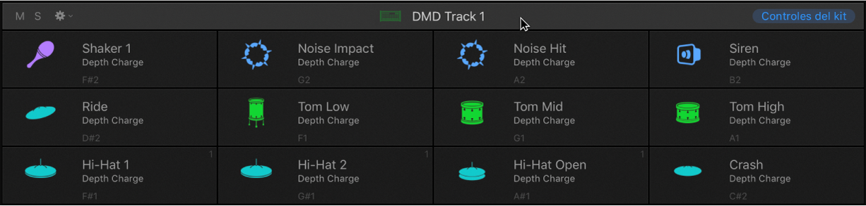 Ilustración. Barra de controles del kit y la parrilla de Drum Machine Designer.