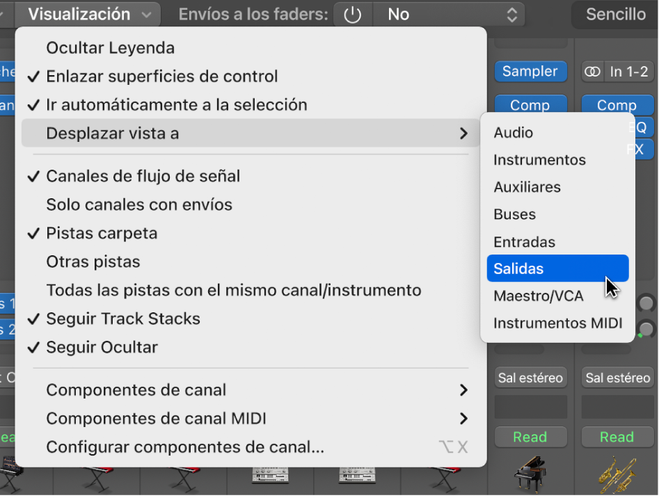 Ilustración. Submenú “Desplazar vista a” del menú Visualización del mezclador.