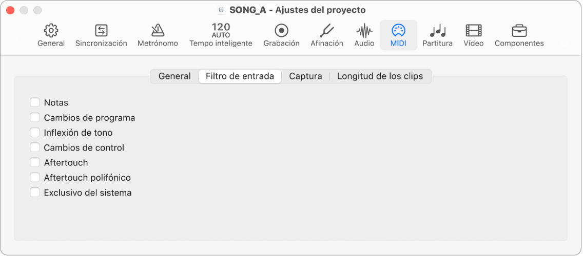 Ilustración. Pestaña “Filtro de entrada” del panel MIDI de ajustes del proyecto.
