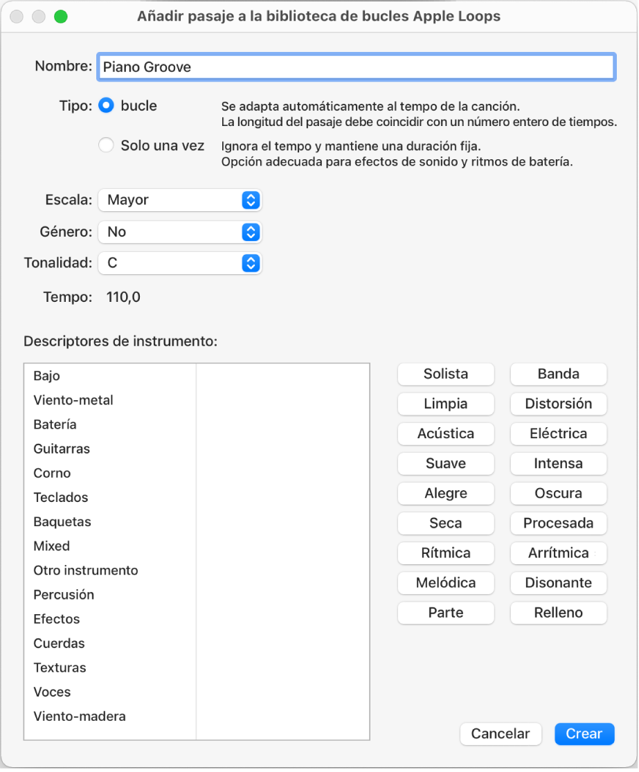 Ilustración. Cuadro de diálogo “Añadir pasaje a la biblioteca de Apple Loops”.