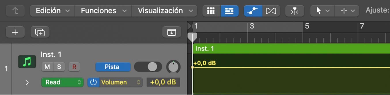 Ilustración. Se muestra la automatización de pista activada para el volumen.
