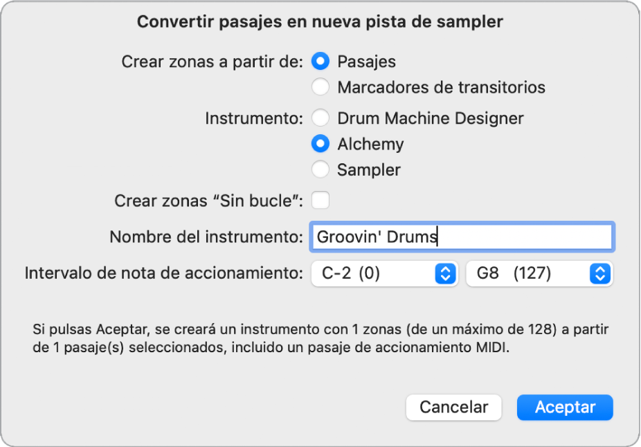 Ilustración. Cuadro de diálogo “Convertir pasajes en nueva pista de sampler”.