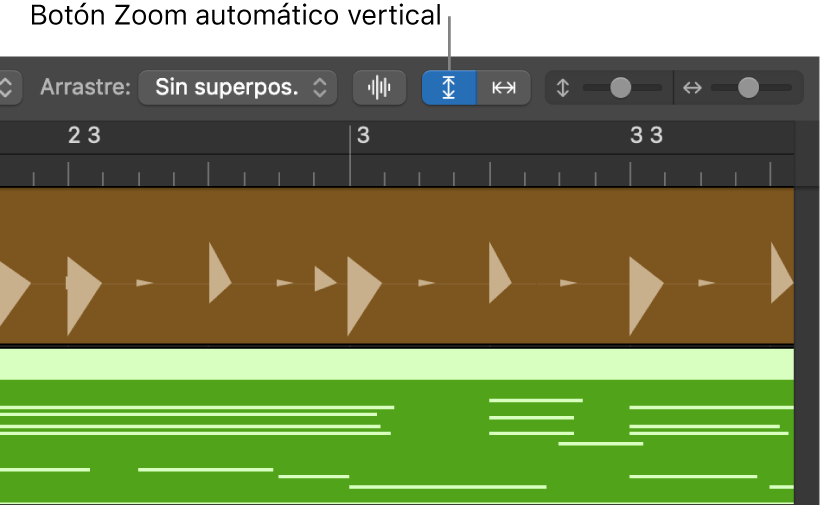 Los controles “Zoom de onda”, “Zoom automático vertical” y “Zoom automático horizontal” están en la barra de menús del área Pistas.