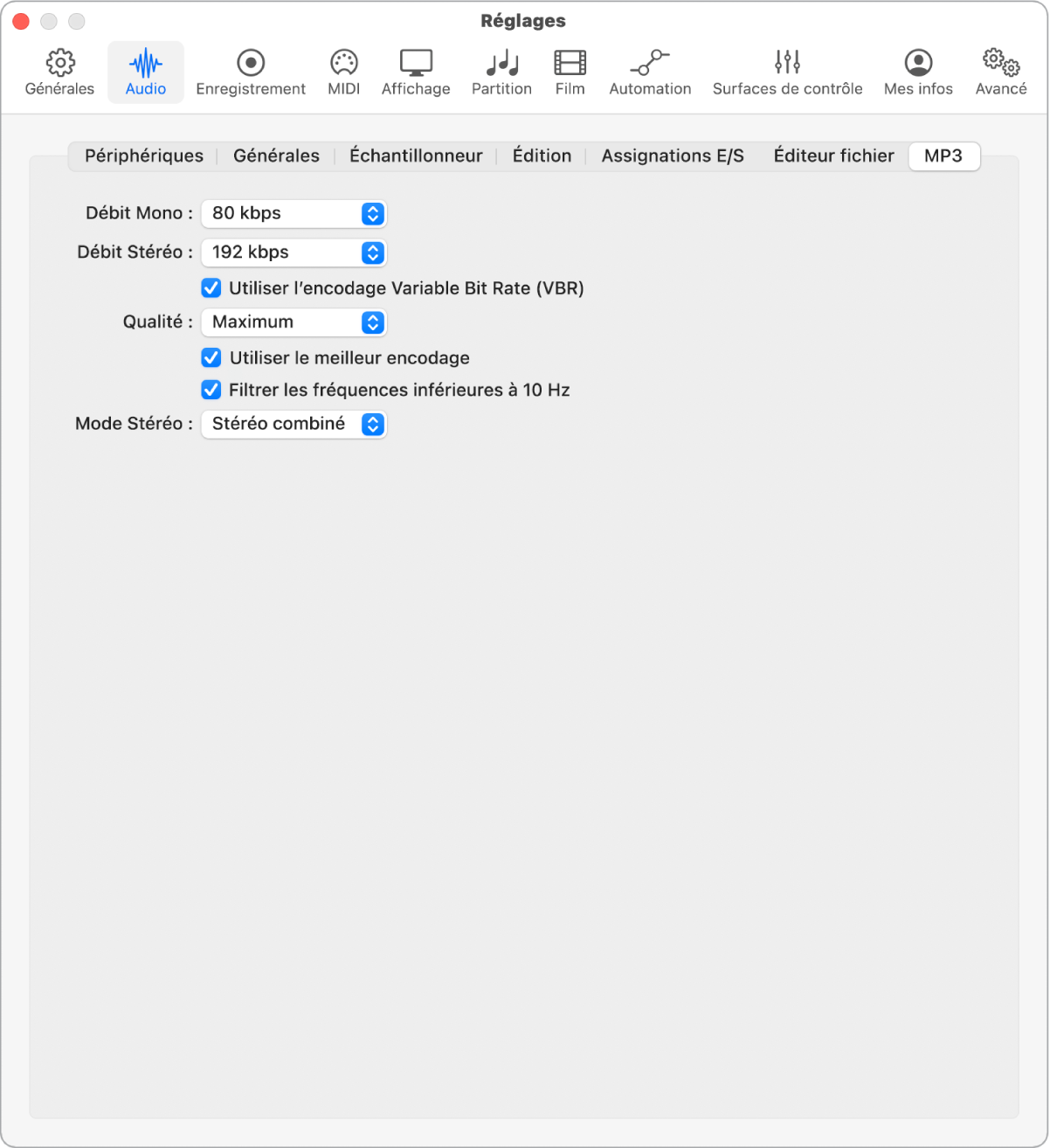 Figure. Réglages MP3.