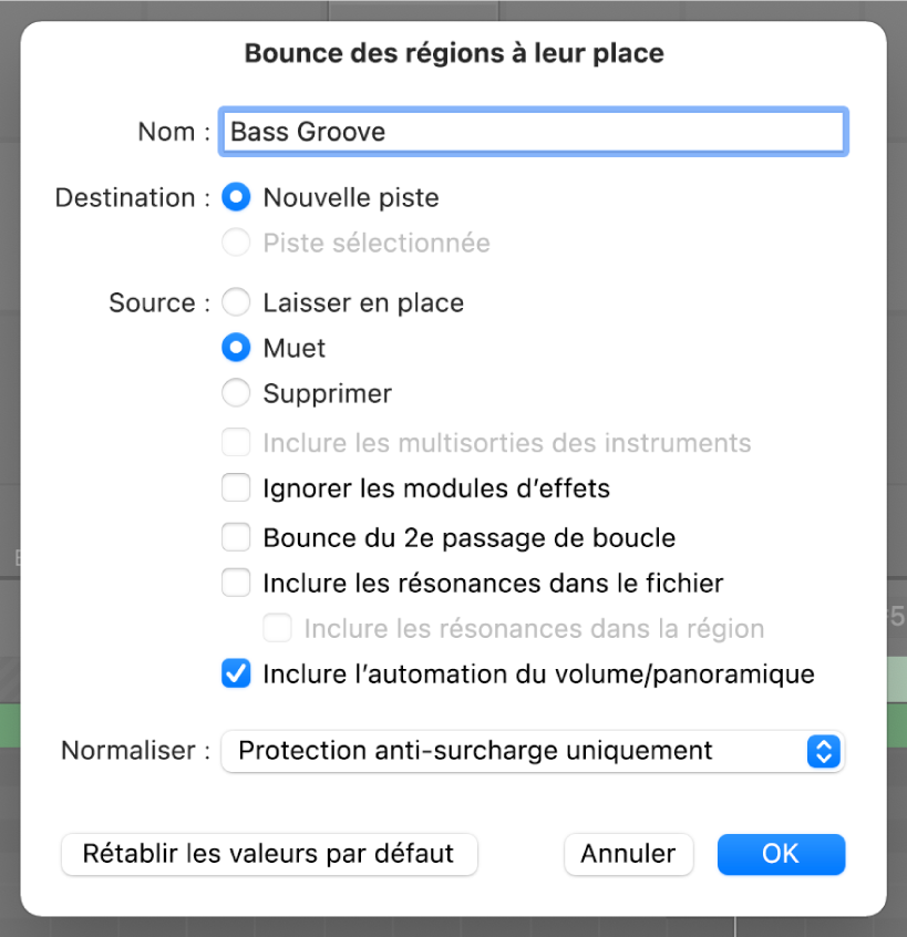 Figure. Zone de dialogue « Bounce des cellules à leur place ».