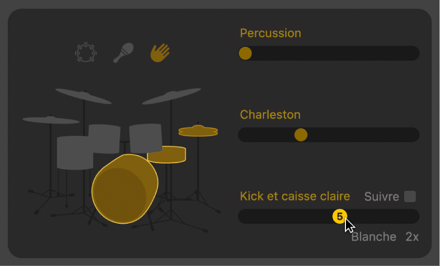 Figure. Glissement du curseur « Kick et caisse claire » dans l’éditeur de drummer.