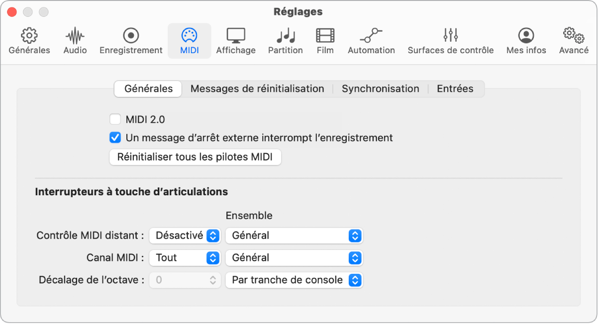 Figure. Réglages généraux MIDI.