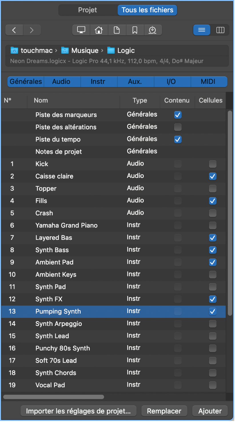Figure. Présentation « Importation de la piste » dans le navigateur Tous les fichiers.
