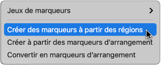 Figure. Piste des marqueurs affichant la commande de menu « Créer des marqueurs à partir des régions ».