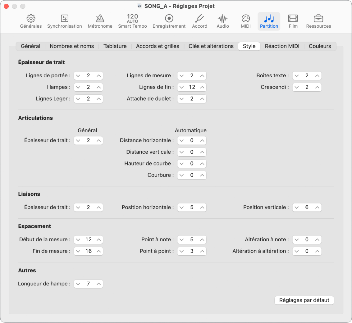 Figure. Réglages Style du projet.