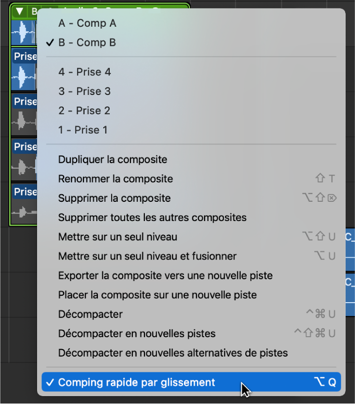 Figure. Sélection de l’option « Comping rapide par glissement » dans le menu local.