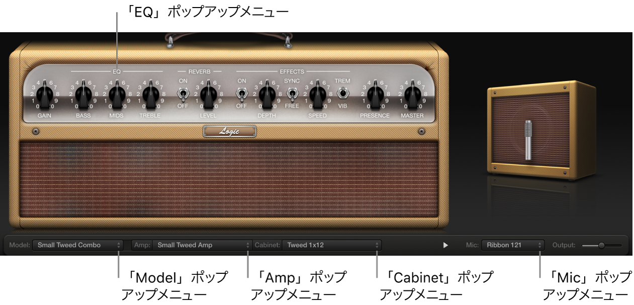 図。Amp Designerウインドウの各ポップアップメニュー。