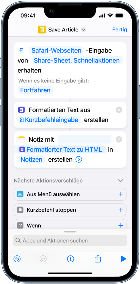 Aktionen im Kurzbefehleditor.