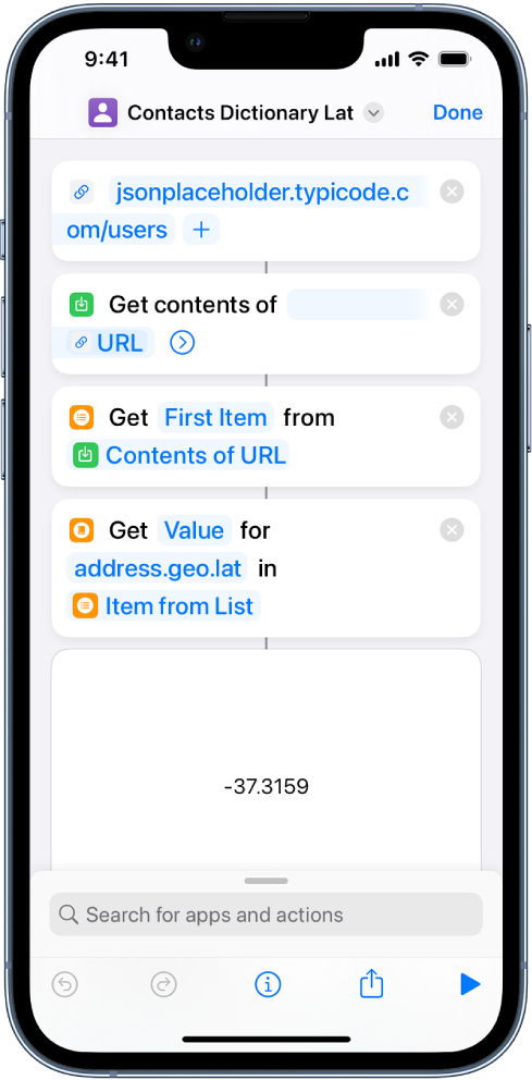 Get Dictionary Value action in the shortcut editor with the key set to address.geo.lat.