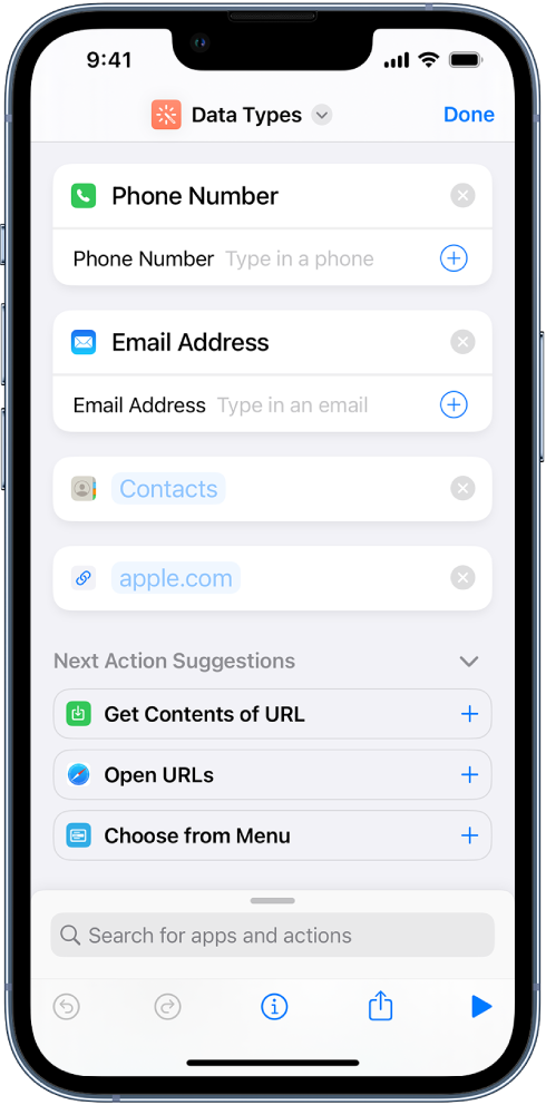 Shortcut editor showing actions that store content in the shortcut.