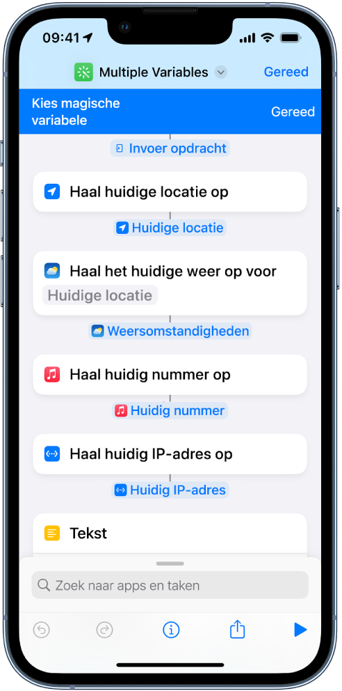 Selecteerbare variabelen in de opdrachteneditor.