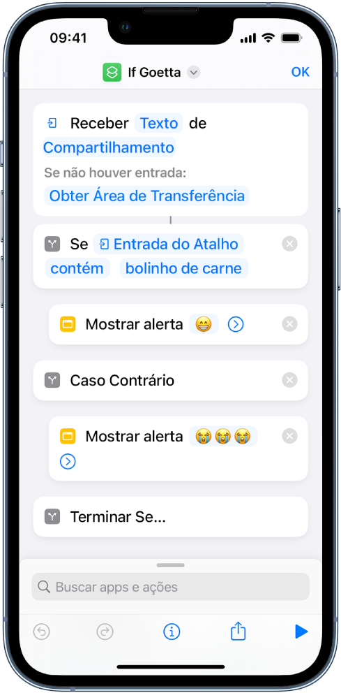 Atalho de exemplo com ações “Se”.