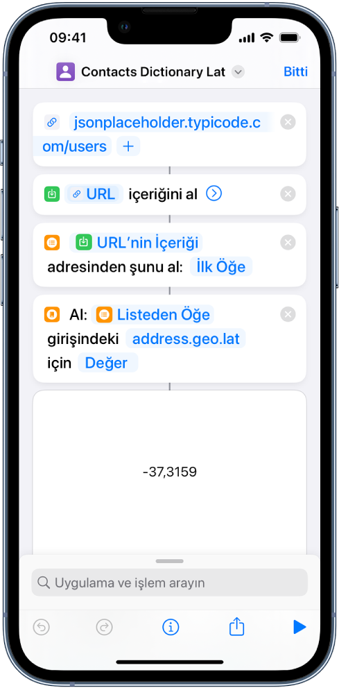Kestirme düzenleyicisinde, address.geo.lat olarak ayarlanmış anahtarla Sözlük Değerini Al işlemi.