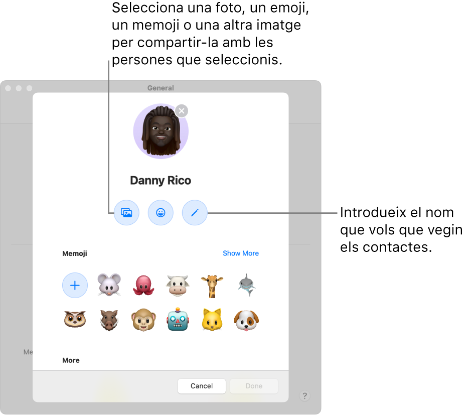 Quan configuris la funció “Compartir el nom i la foto”, pots seleccionar una foto, un emoji, un memoji o una altra imatge per compartir amb les persones que selecciones i, a més, introduir el nom que vols que els teus contactes vegin.