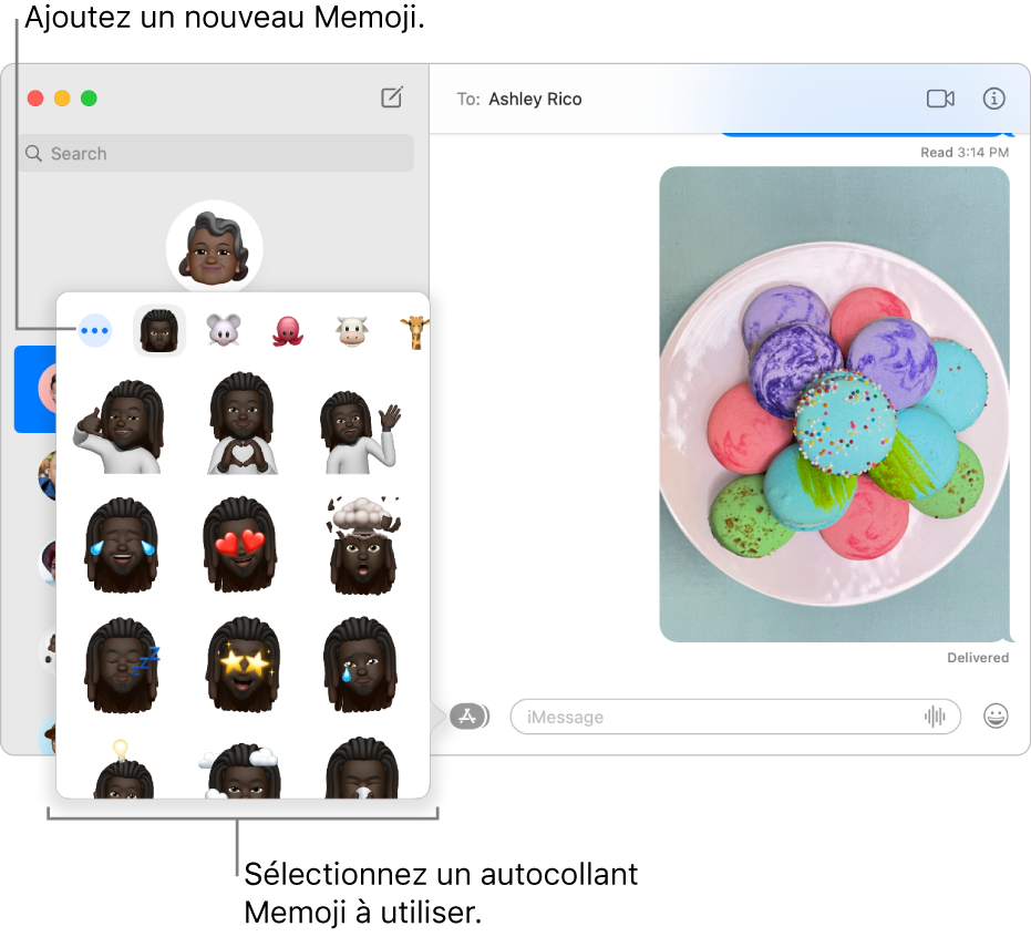 La fenêtre Messages avec plusieurs conversations dans la barre latérale de gauche, ainsi qu’une transcription ouverte sur la droite. Lorsque vous choisissez « Autocollants Memoji » depuis le bouton Apps, vous pouvez sélectionner un autocollant Memoji à utiliser ou en créer un.