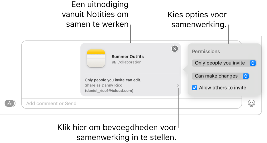 Een close-up van het tekstveld onder in het gesprek in Berichten. Er is een uitnodiging beschikbaar om samen te werken aan een notitie. Je kunt rechts naast de uitnodiging klikken om de bevoegdheden voor de samenwerking in te stellen.