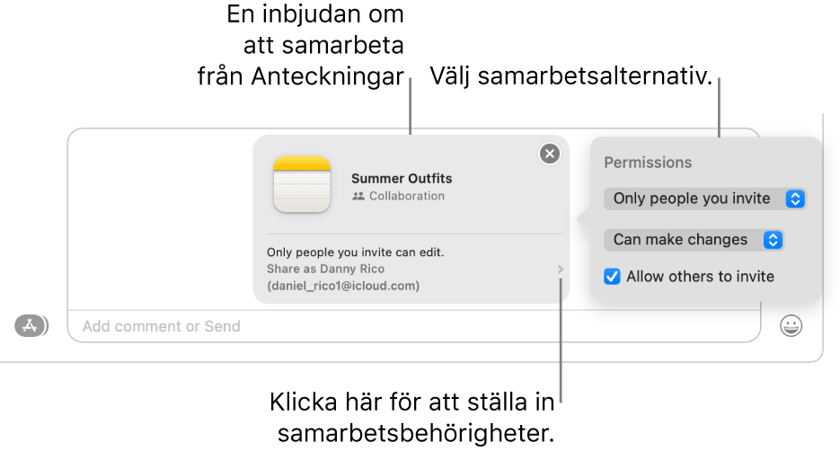 En närbild av textmeddelandefältet i nederkanten av Meddelanden-konversationen. Det finns en inbjudan om att samarbeta på en anteckning. Du kan ställa in samarbetsbehörigheter på högra sidan av inbjudan.