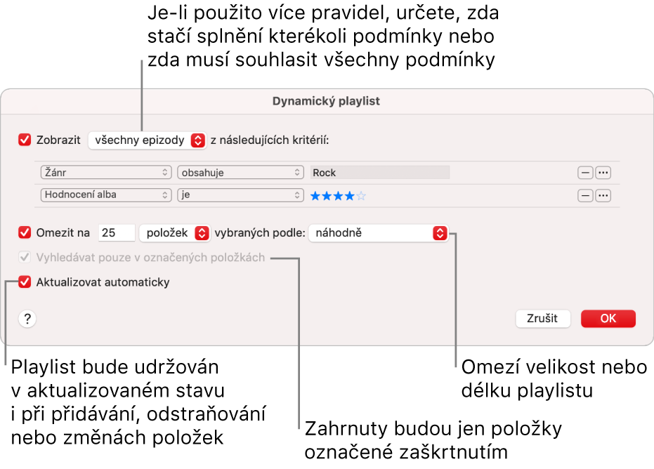 Dialogové okno dynamického playlistu: V levém horním rohu vyberte Match a uveďte podmínky pro skladby zařazované do playlistu (například žánr nebo hodnocení). Podmínky můžete přidávat a odstraňovat pomocí tlačítka Přidat a Odstranit v pravém horním rohu. V dolní části dialogového okna můžete nastavit různé možnosti, například omezit velikost nebo délku playlistu, zahrnout do něj pouze zkontrolované skladby nebo nastavit, aby aplikace Hudba aktualizovala playlist vždy, když se změní položky ve vaší knihovně.