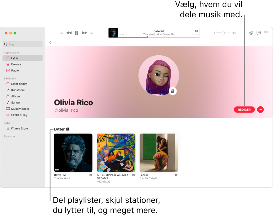 Profilsiden i Apple Music: Klik på Rediger i højre side af vinduet for at vælge, hvem der må følge dig. Klik på knappen Mere til højre for Rediger for at dele din musik.