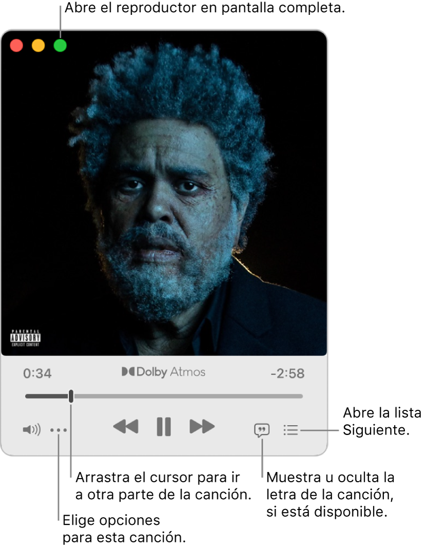El mini reproductor ampliado que muestra los controles de la canción que se está reproduciendo. Los controles de la ventana que se usan para abrir y cerrar el reproductor en pantalla completa se encuentran en la esquina superior izquierda. La parte principal de la ventana muestra la ilustración de la canción que se está reproduciendo. Debajo de la ilustración hay un regulador para moverse a una parte diferente de la canción, y botones para ajustar el volumen, mostrar la letra y ver lo que se reproduce a continuación.