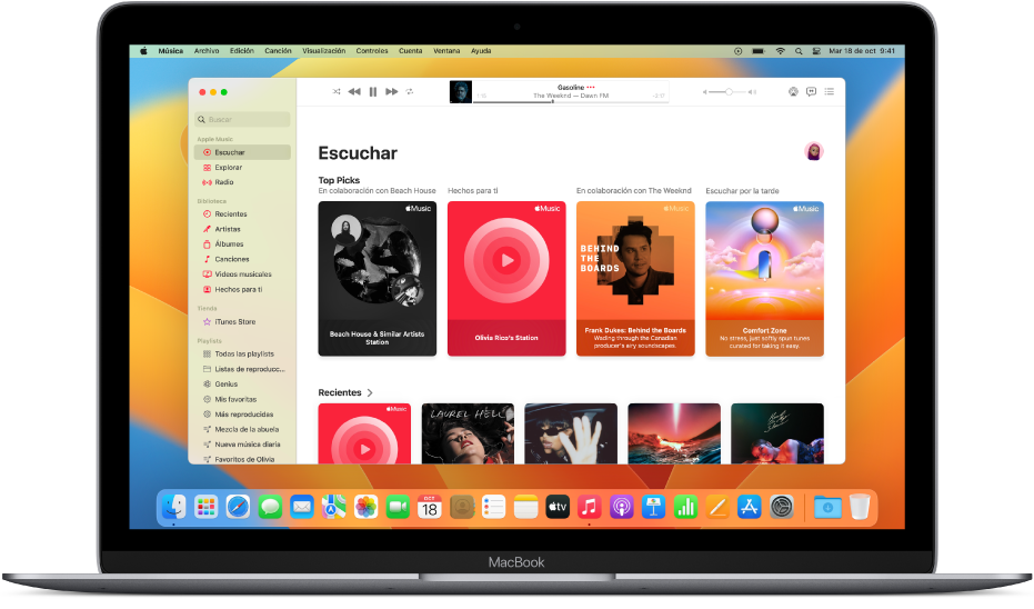 La ventana de Apple Music mostrando la sección Escuchar ahora.