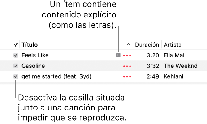 Detalle de la lista de canciones en Música, con las casillas y un símbolo explícito de la primera canción (que indica que incluye contenido específico como las letras). Anula la selección de la casilla en aquellas canciones que no quieras reproducir.