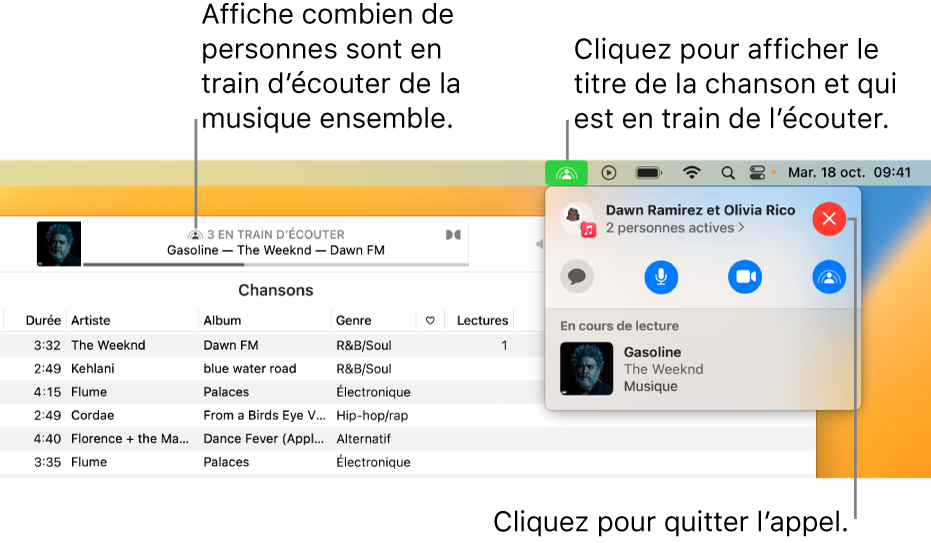 La fenêtre Apple Music avec une chanson en cours de lecture pendant l’utilisation SharePlay. La fenêtre de lecture montre le nombre de personnes qui écoutent de la musique ensemble. Sur la droite, l’icône SharePlay est cliquée, vous pouvez alors découvrir la chanson en cours de lecture et qui l’écoute. En dessous, vous pouvez cliquer sur le bouton Fermer.