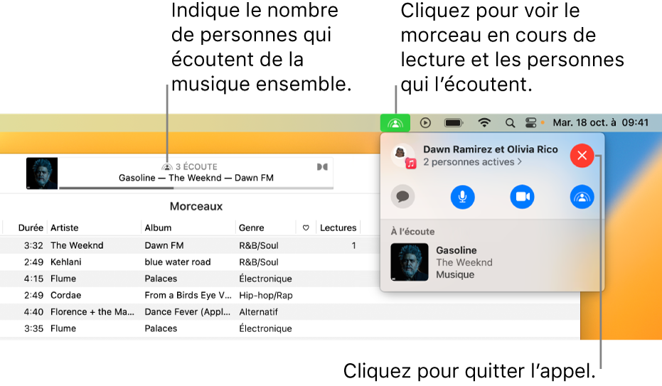 Fenêtre Apple Music avec un morceau en cours de lecture pendant une session SharePlay. La fenêtre de lecture indique le nombre de personnes qui écoutent de la musique simultanément. Sur la droite, l’utilisateur clique sur le bouton SharePlay et vous pouvez voir les personnes qui écoutent de la musique ainsi que le morceau en cours de lecture. En dessous, vous pouvez cliquer sur le bouton Fermer.